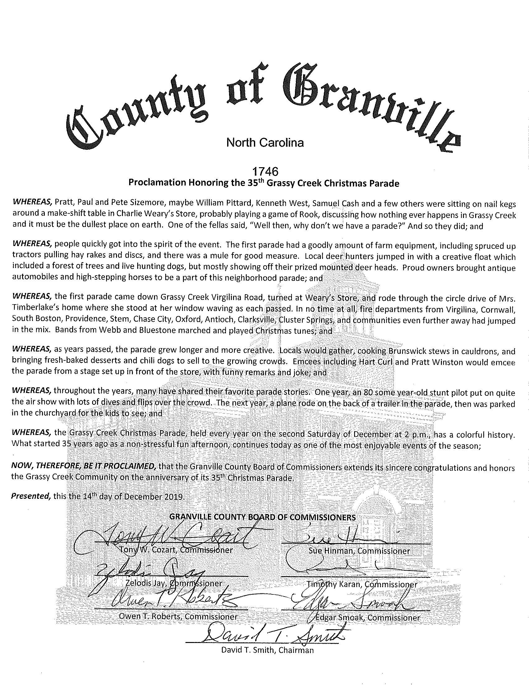 Commissioners issue proclamation for parade anniversary - Granville County