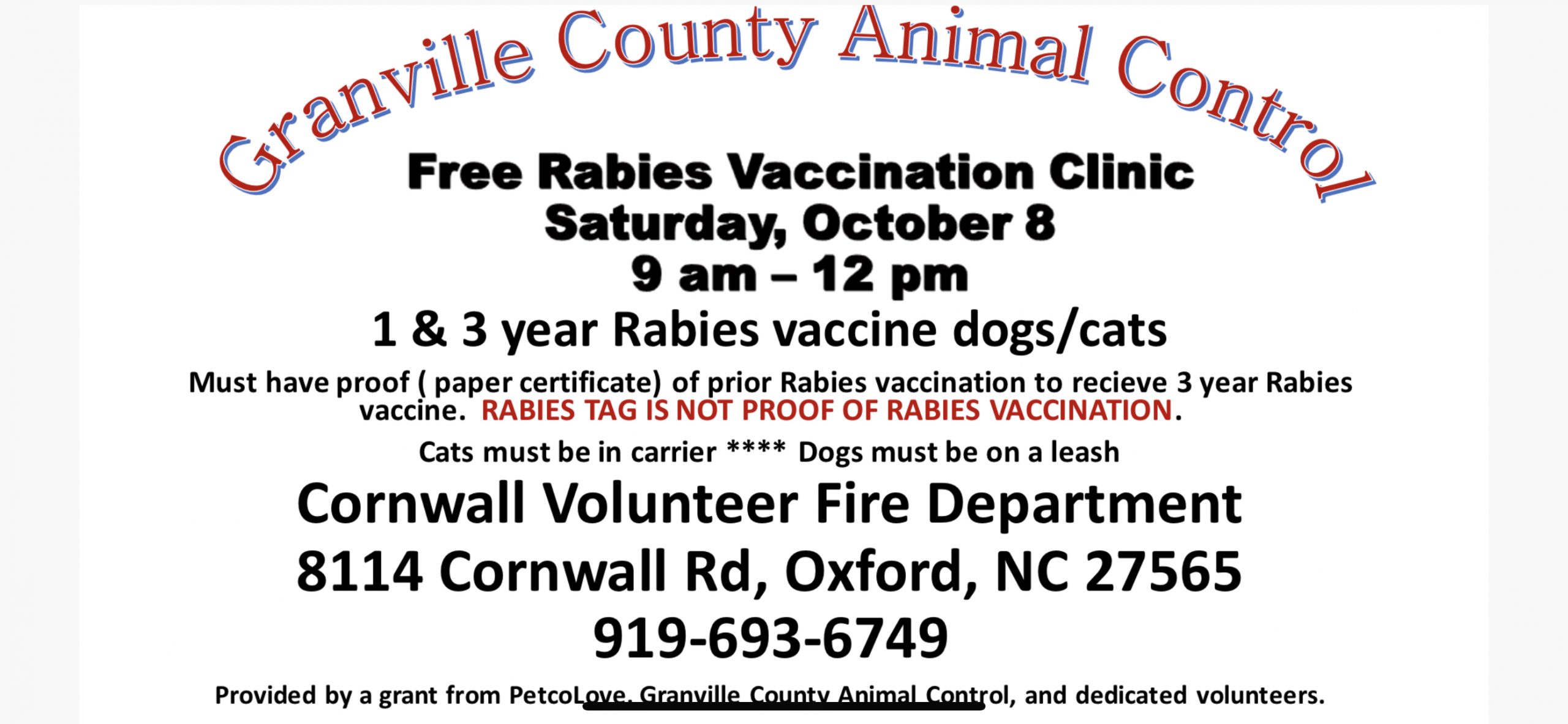 Free Rabies Vaccine Clinic October 8 at Cornwall VFD - Granville County